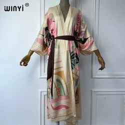 WINYI summer print Middle east kimono beach cover up dress elegant African women boho Cardigan Holiday maxi abaya dubai luxury