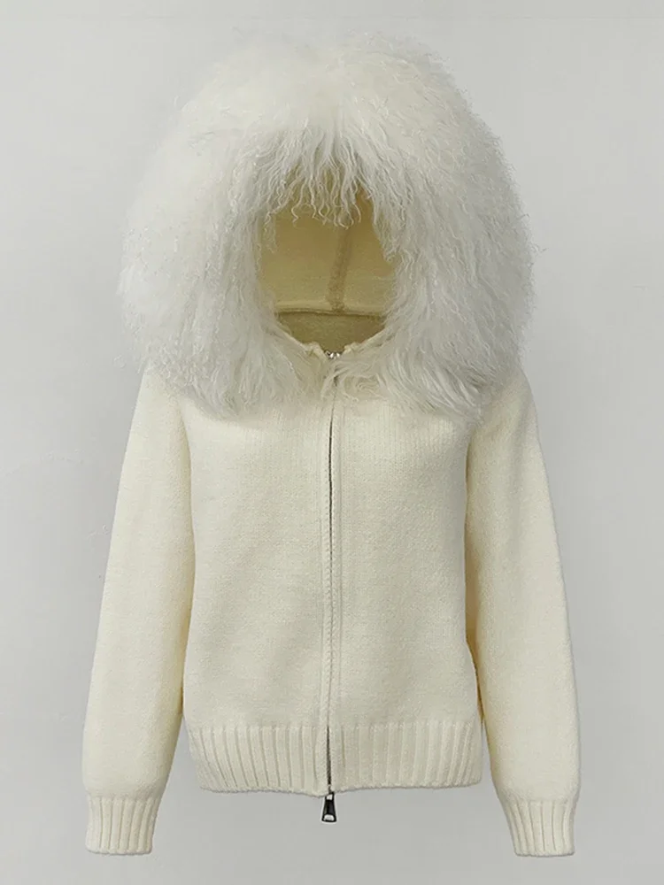 2025 New Winter Knitted Cardigan Women Hooded Mongolia Sheep Fur Sweater Female Fashion Traffic Knitting Clothing Lady