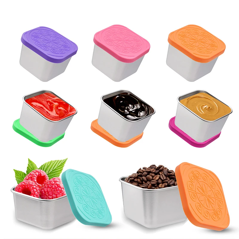 

6Pcs Snack Container Stainless Steel Salad Box with Silicone Lids Leakproof Portable Stackable Dressing Food Storage Box