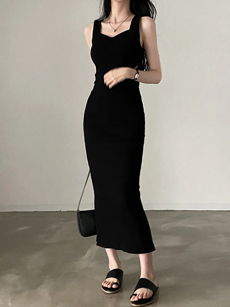 Long Women's Basic Dress in Mesh Korean Fashion Square Collar Sleeveless Summer Casual Dresses Y2K Vintage Clothes Matching Ever