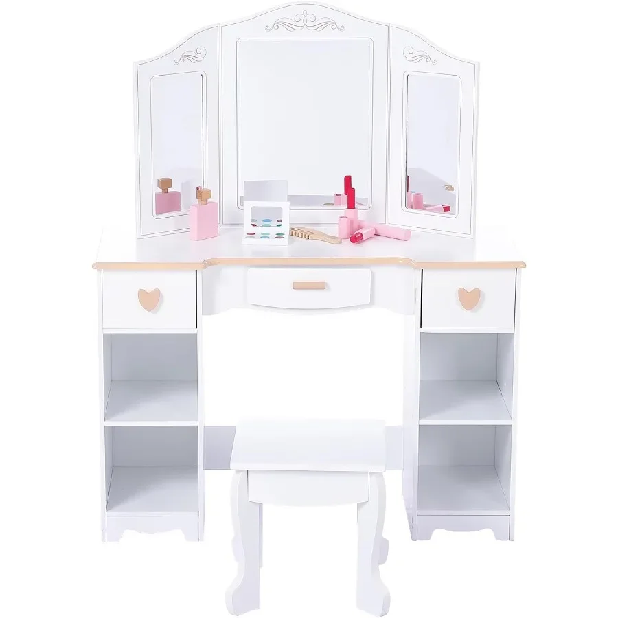 Vanity Set, Princess Vanity Table with Detachable Tri-Fold Mirror Makeup Playset, Large Storage Toddler Makeup Table with Stool