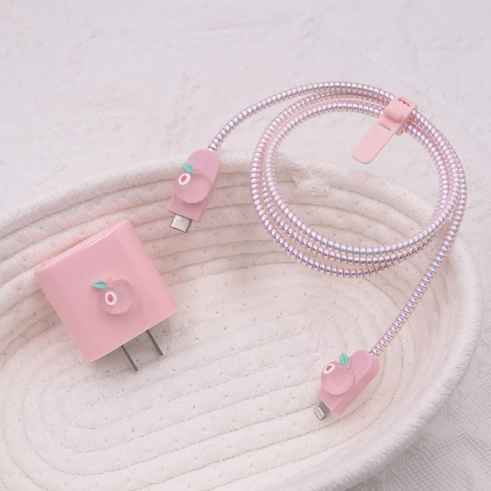 Pink Honey Peach 5pcs Charging Data Cable Protector Winder Accessories For iPhone 18/20w Charger Protective Cover