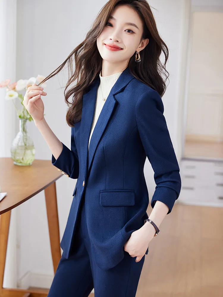 Pink Blue Black Women Pant Suit High Quality 2 Piece Set Office Ladies OL Girl Formal Jacket Blazer And Trousers For Work Wear