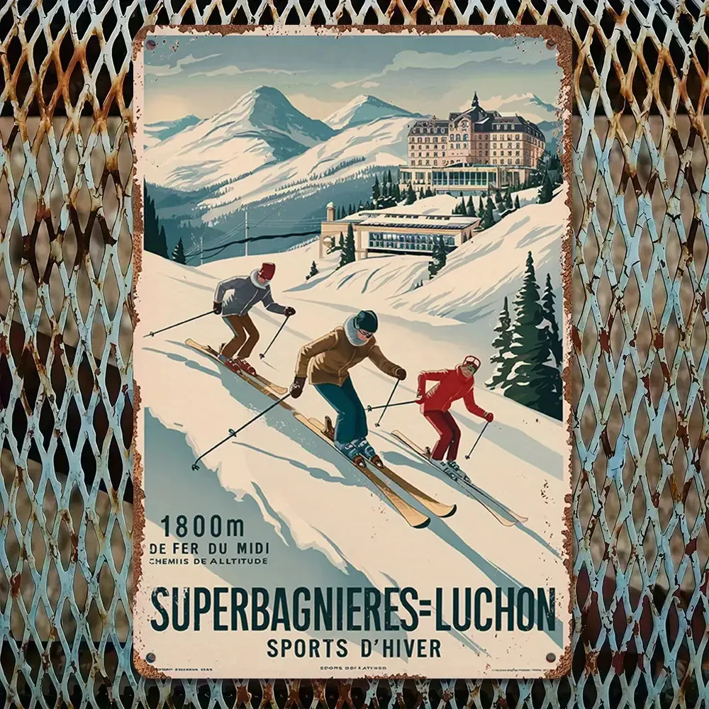2D Flat - Vintage Tin Wall Art Featuring a Retro Skiing Scene with a Chateau at an Elevation of 1800 Meters in Superbagnères-L