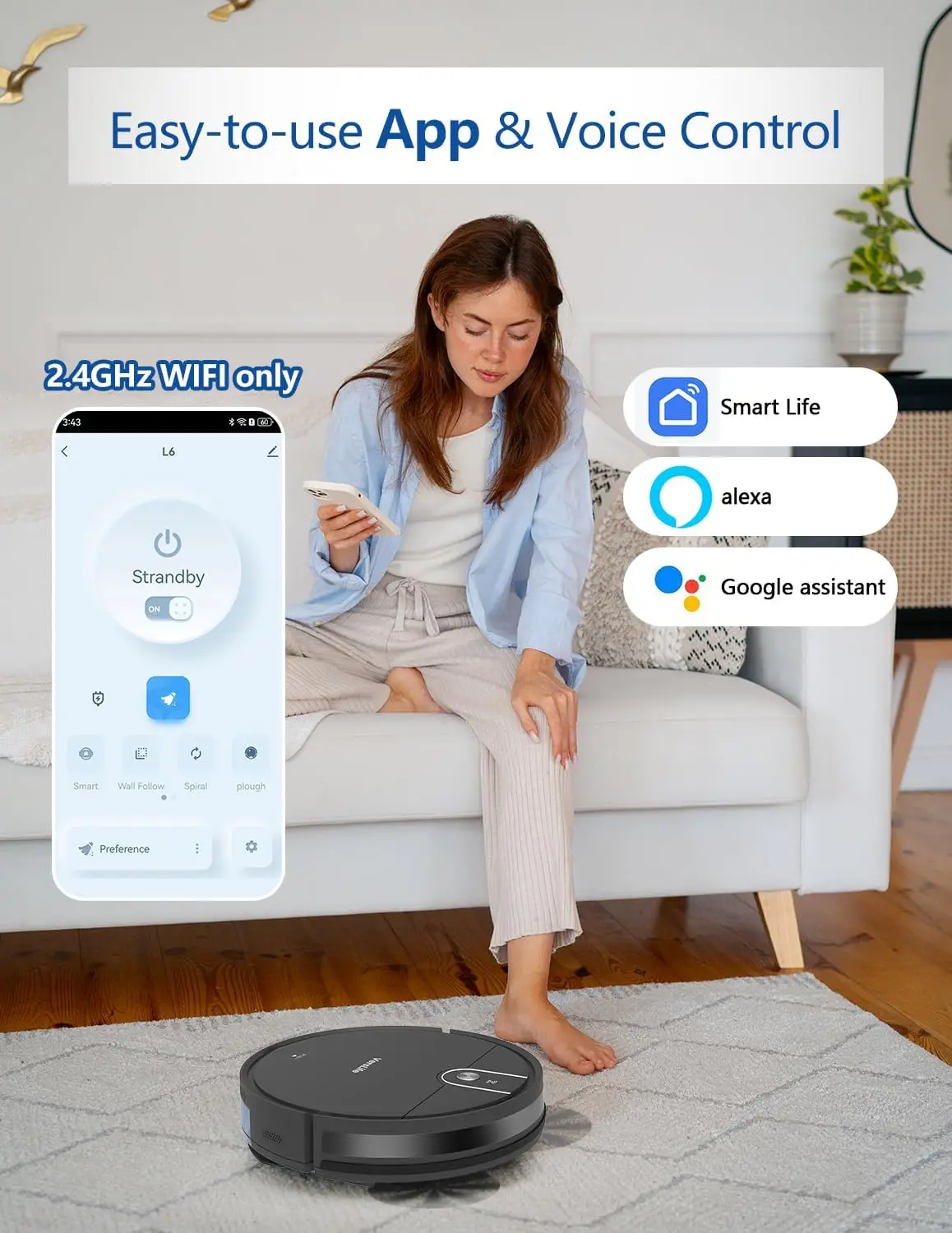 Penyedot debu dan pel Robot, penyedot debu Robot 2 in 1 dengan isap, Remote/aplikasi/kontrol suara, jadwal bersih dan otomatis