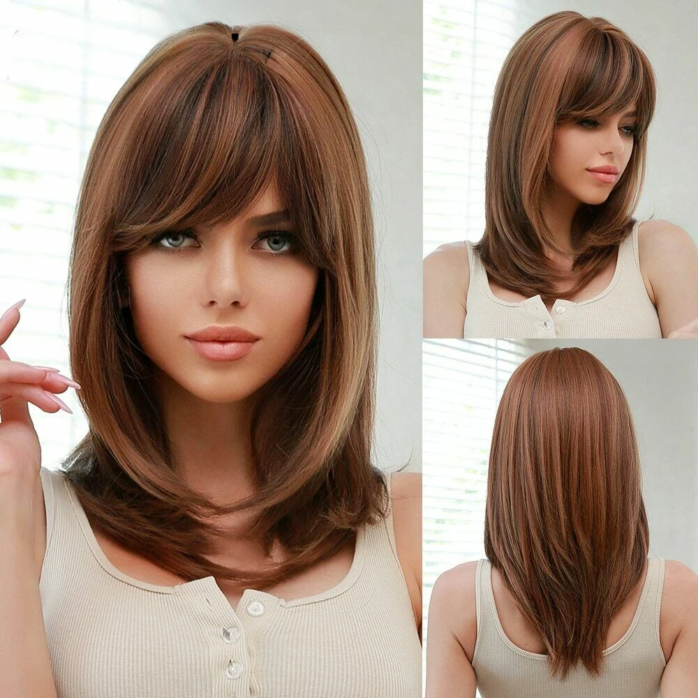 Dark Brown Highlights Hair  with Women Hair Wigs with Bangs Fanshion Daily