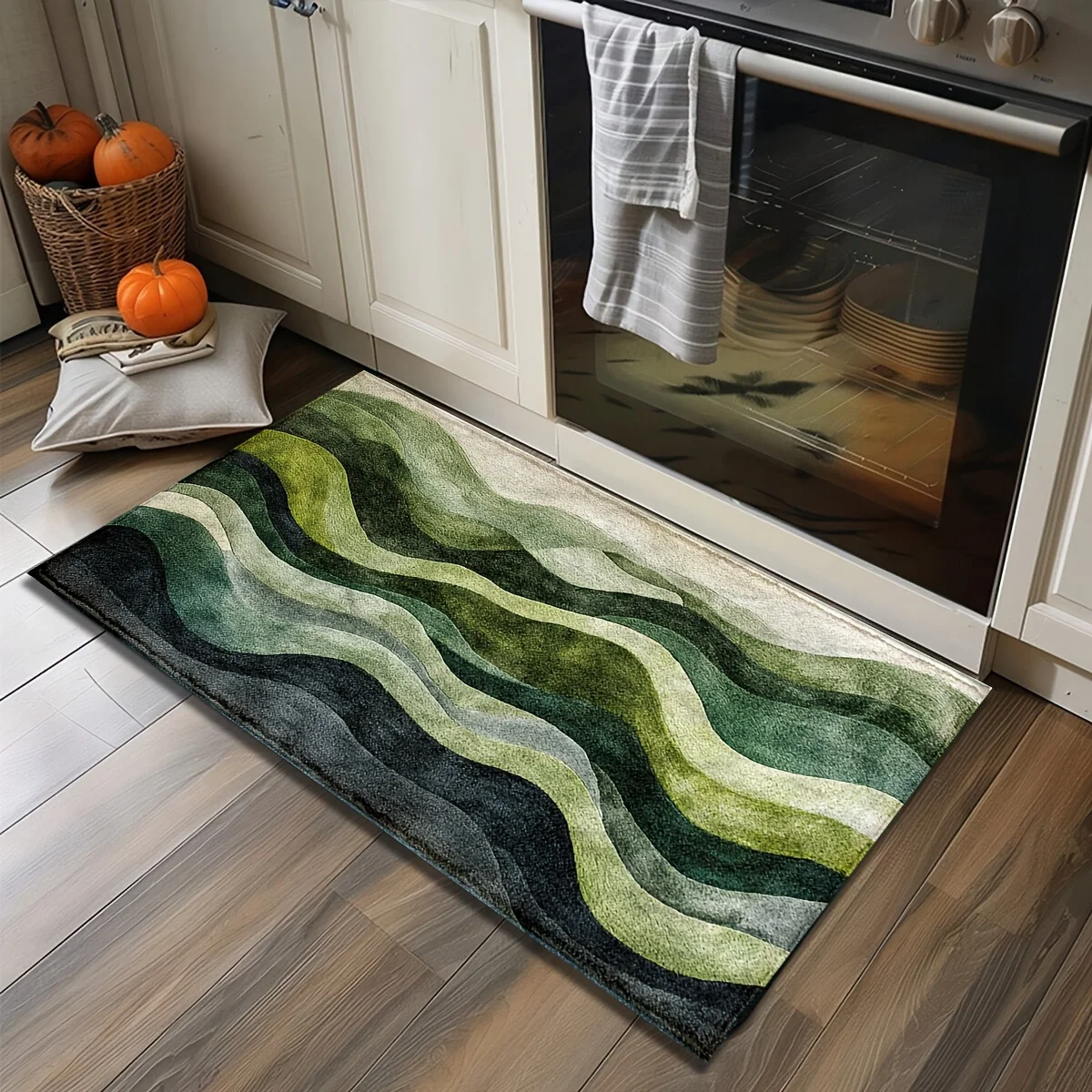 Green 1pc Gradient Wave Pattern Doormat - Absorbent Non-Slip Rectangular Entry Mat with Green/Beige/Black Oceanic Design, Soft