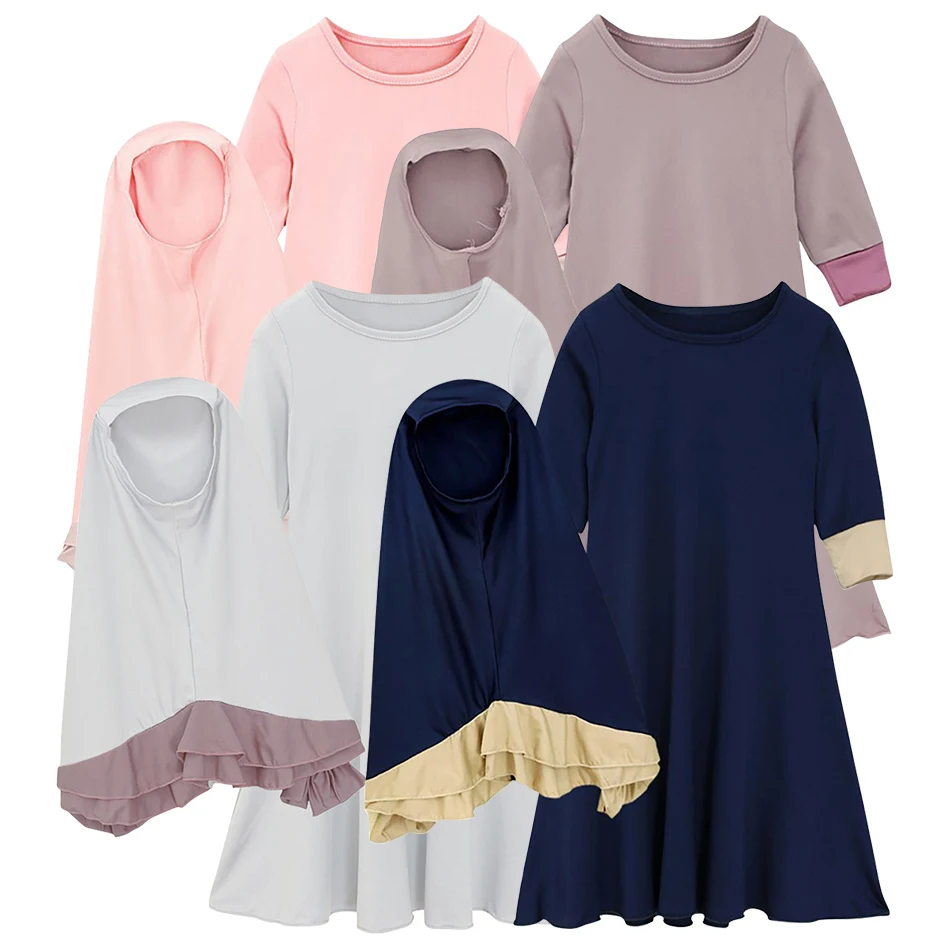 Elegant Muslim Girls Two-Piece Dress Set Spring Autumn Long Sleeve Color-Mixed Ruffle Dress and Matching Bow Headscarf for Kids