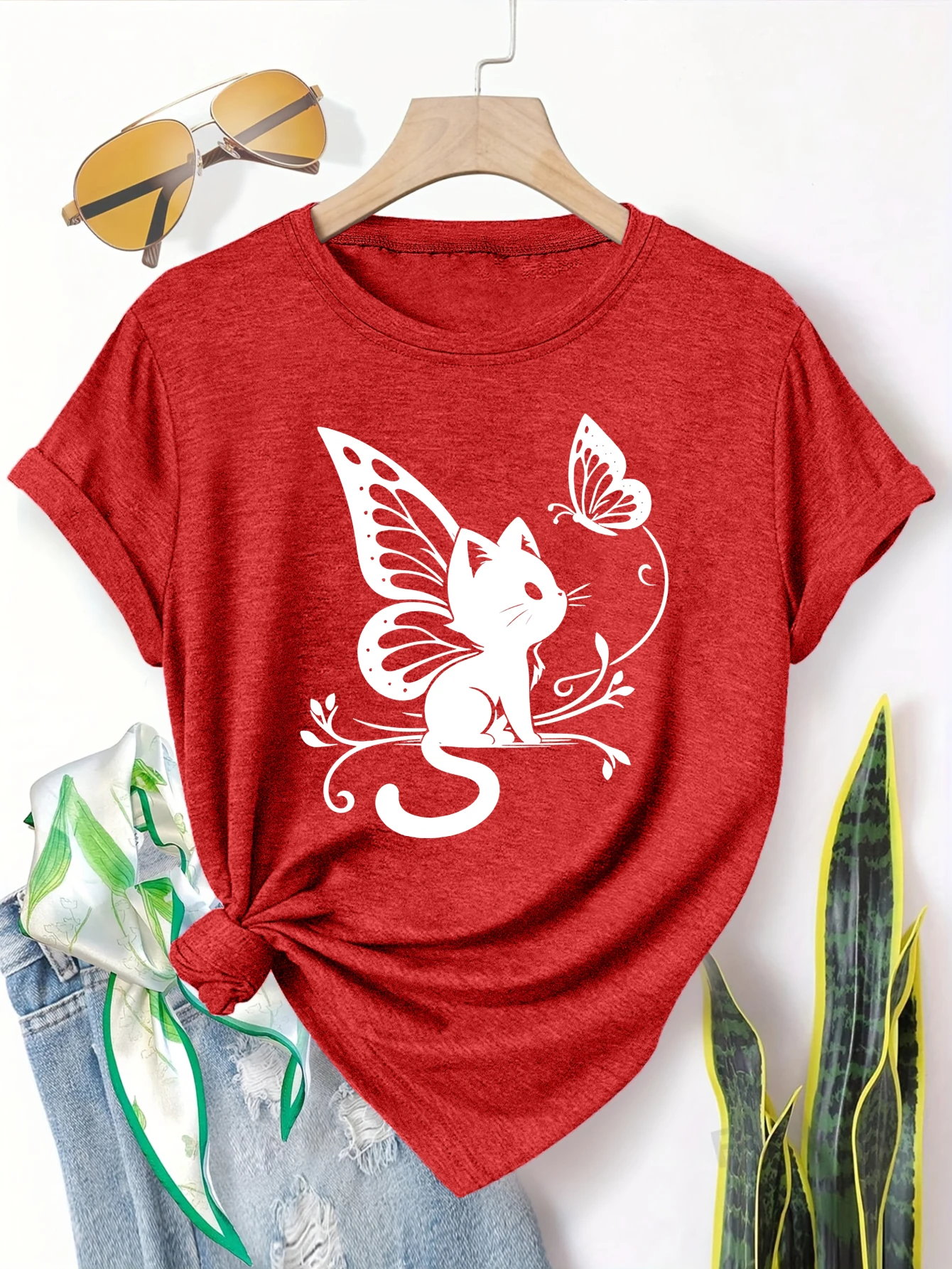 

Plus Size Women's Short Sleeve T-Shirt Black Cat With Butterfly Wings Everyday comfortable and versatile style summer outfits