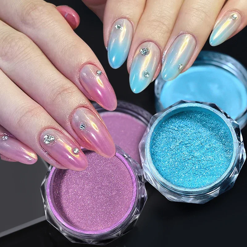 Gradient Pearl Nails Dust Chrome Glitter changing color rose pink white Rubbing on Powder Shell Mirror Pigment Nail Art Supplies