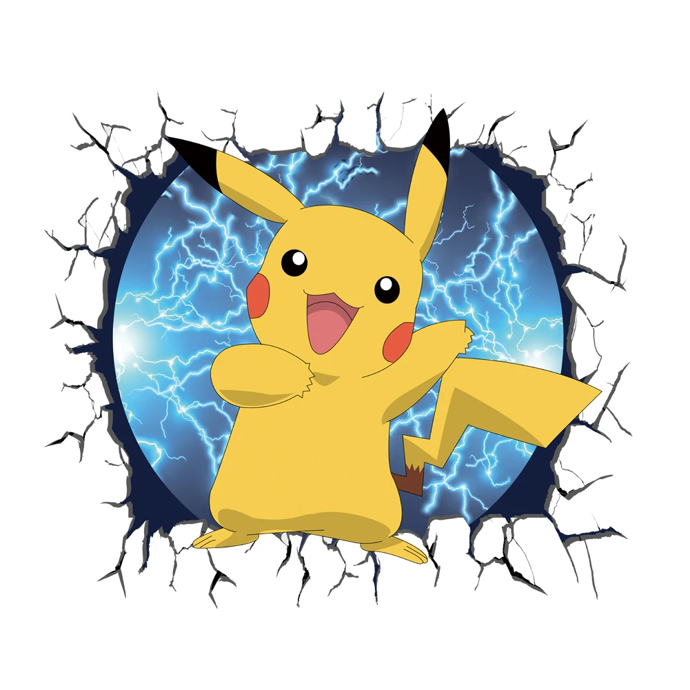 3D Broken Wall Cartoon Pikachu Wall Sticker For Kids Room Living Room Bedroom Wall Decoration Gifts For Kids Movie Poster