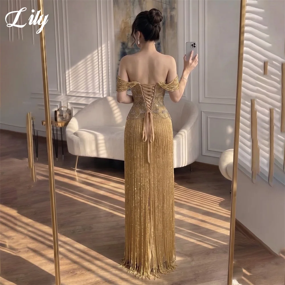 Lily Gold Prom Dress Crystal Beaded Bodice Celebrity Dress Off Shoulder Women's Evening Dresses Tassel Formal Gown Customized image 3