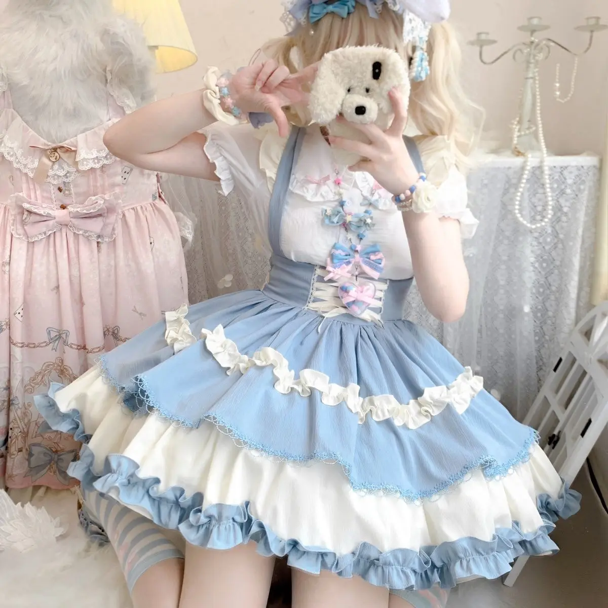 Robe gothique Kawaii Lolita Jsk pour femmes, jupe à bretelles à volants avec nœud, jupes à bretelles taille haute punk, costume de cosplay Lolita, Japon, Y2K