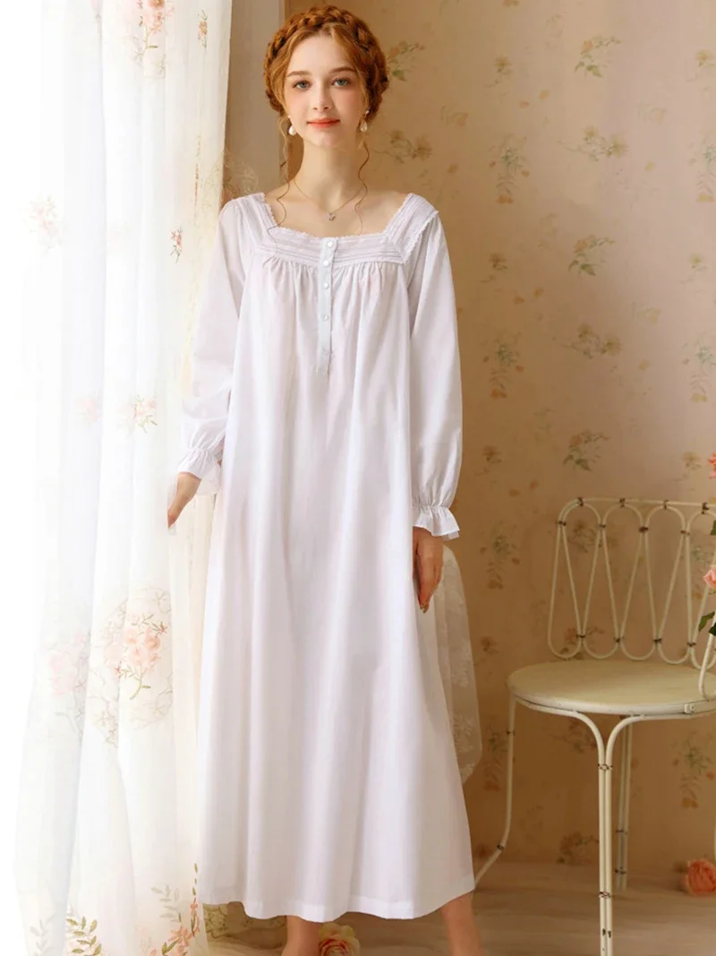 French Victorian Princess Cotton Lace Nightgown Women Sweet Girls Spring Autumn Long Sleeve Vintage Pajamas Sleepwear Nightwear