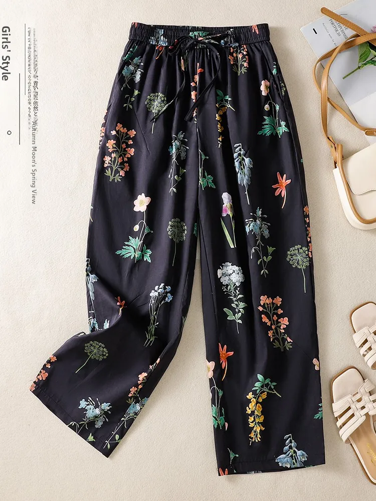 

High-End Printed Casual Pants Summer Thin Wide Leg High Waist Loose Fit Nine-Piece Ladies plus Size Fashionable Casual Wear