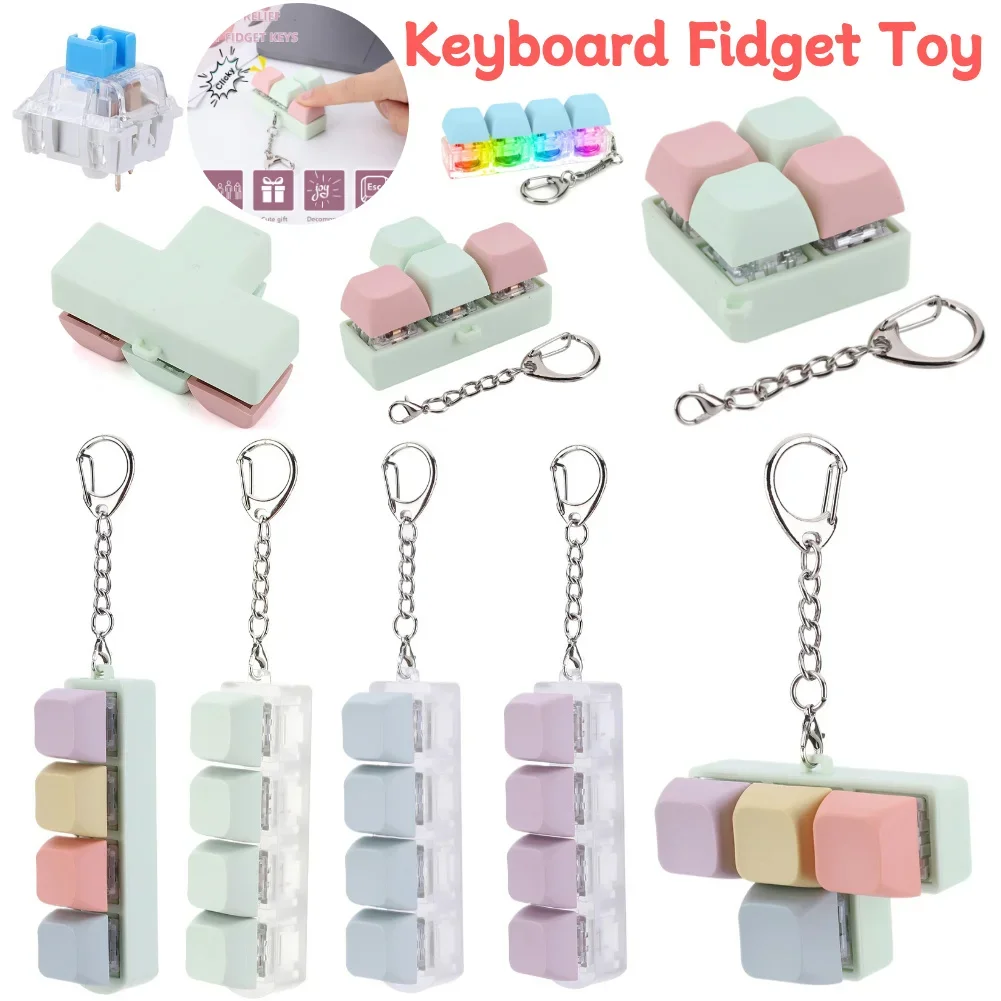 Finger Keyboard Fidget Toys 4 Keys Sensory Fidget Keyring Keycaps Fidget Keyborad Button Finger Calming Keychain for Kids Adults