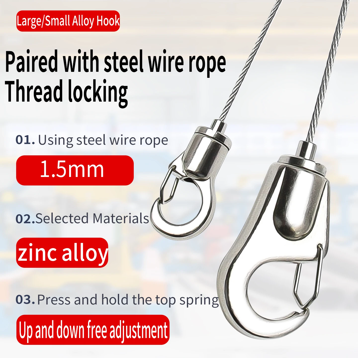 Picture 4: 4PCS The hanging kit is suitable for 1.5mm steel cable ropes, adjustable metal hooks, and can support up to 40kg of weight