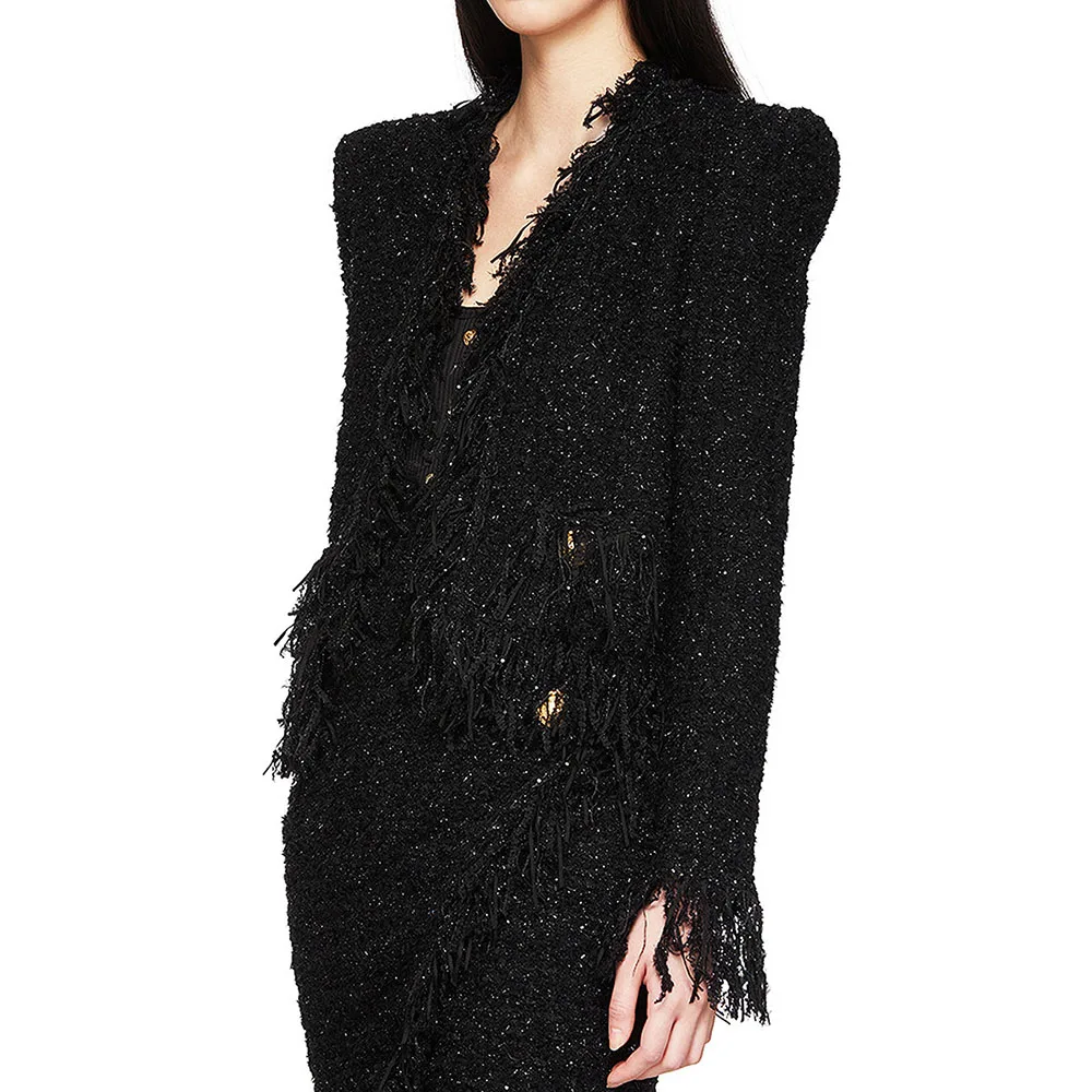 High Quality New Fashion Fringed Office Ladies Tweed Fabric Gold Double Row Button Slim Casual Commuter Woman Outerwear Coat
