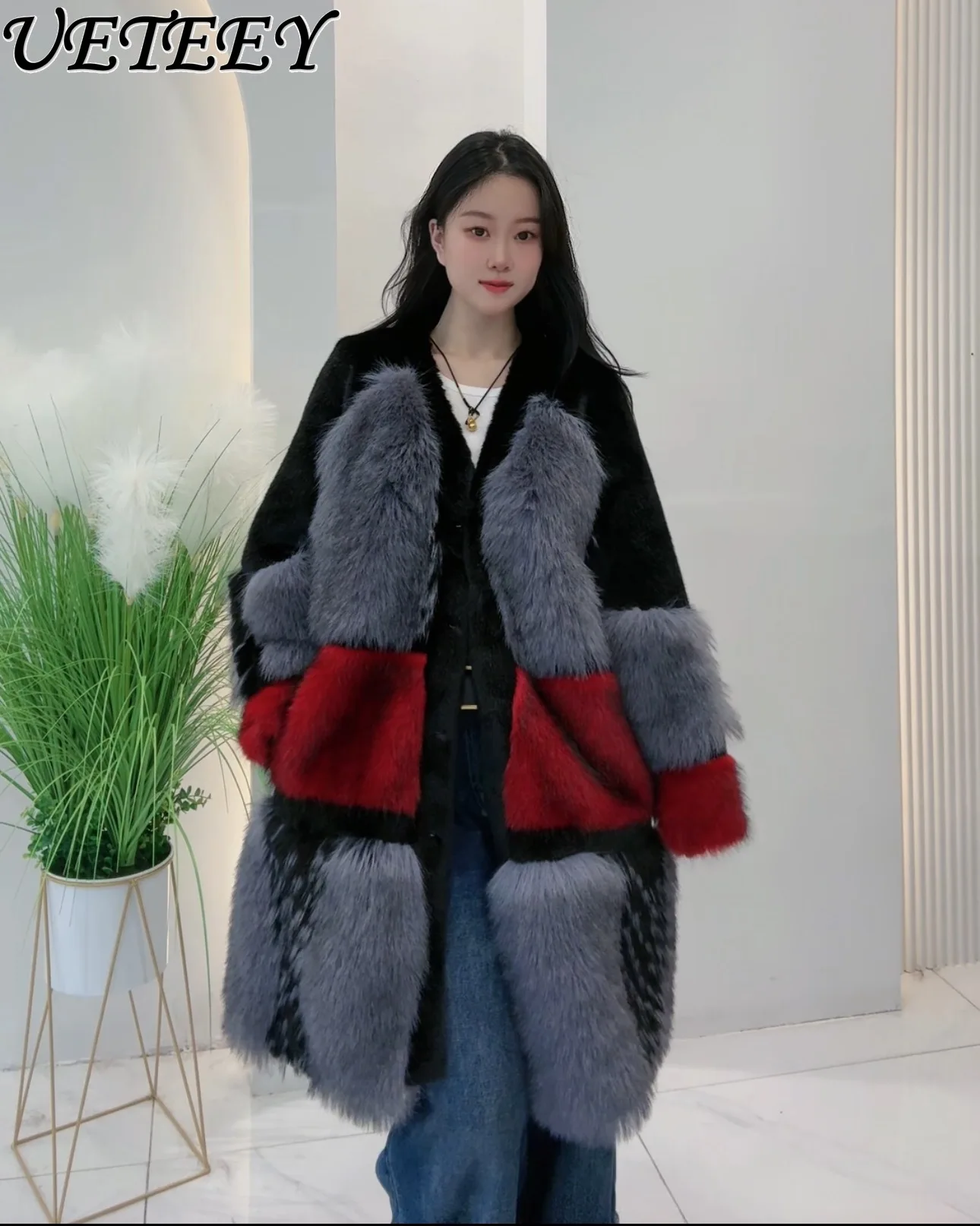 

Winter New High-End Stylish Color-Block Versatile Fashionable Warm Thickened Fur Coats Women Long Faux Fur Coat Female Overcoat