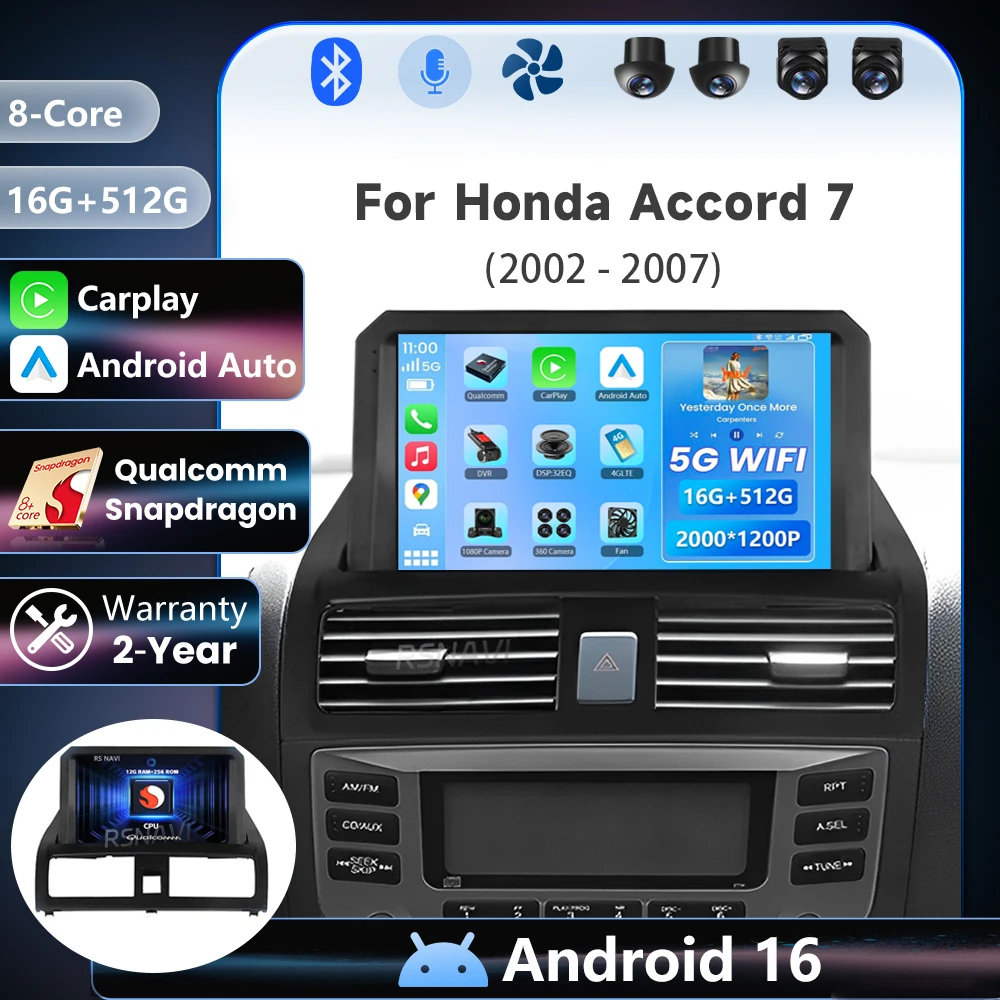 Radio Multimedia para Auto Android 16 Qualcomm, Plug and Play, para Honda Accord 7 2002 2003 - 2007, Auto Carplay, Estéreo para Auto, GPS, BT