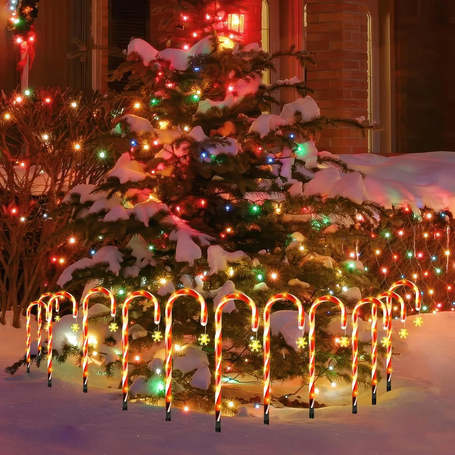 Luz solar de bastão de doces 5 em 1, decoração de Natal externa à prova d'água com padrão de floco de neve para quintal, gramado, entrada de automóveis, jardim
