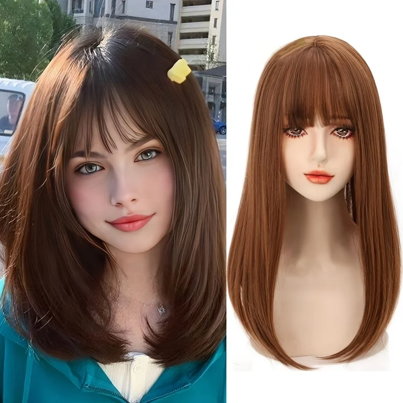 Girls Air Bangs Medium Long Straight Hair Wig Long Scalp Button Mesh Whole Wig Fluffy Simple to Wear Daily Natural