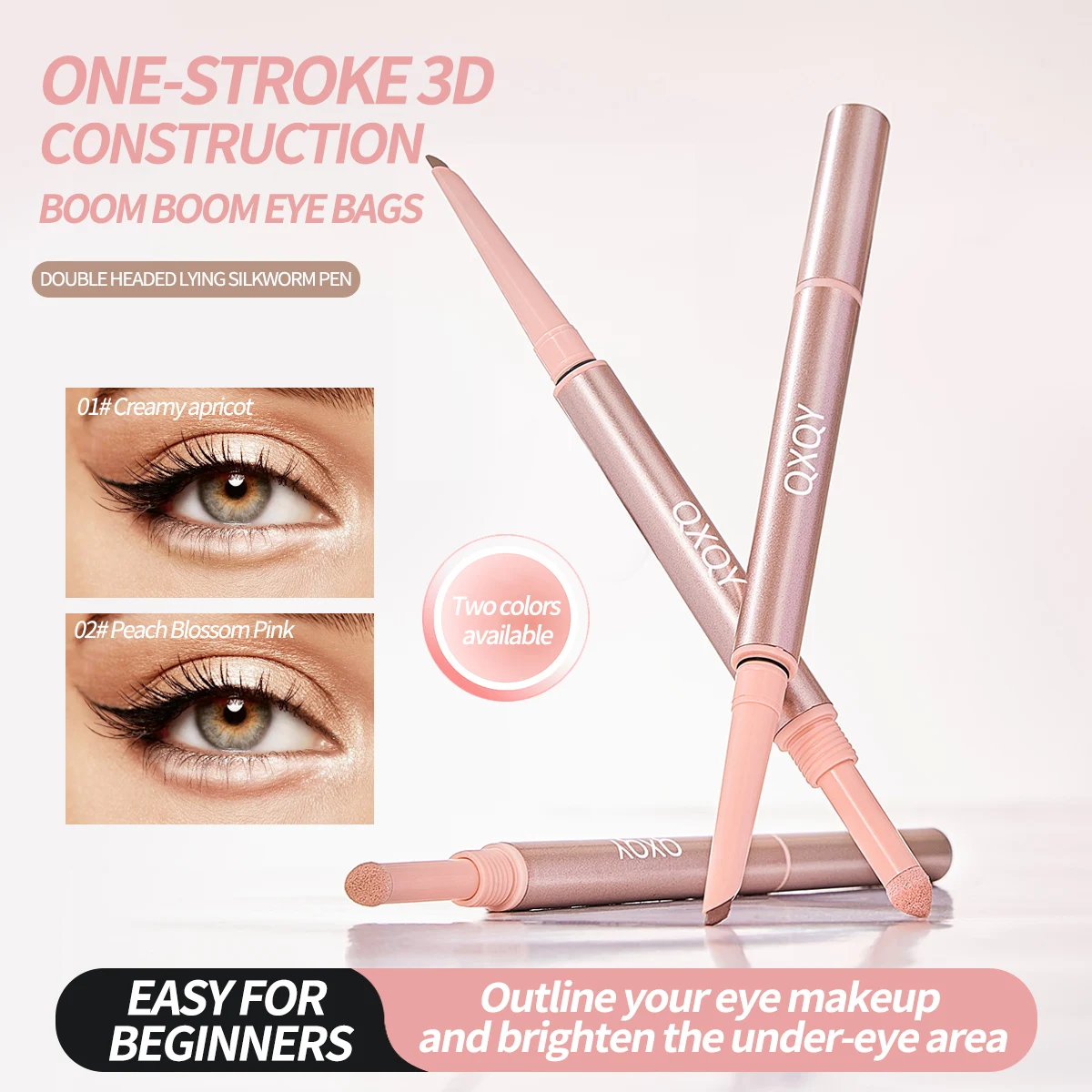 QXQY Double Headed Silkworm Pen with Brush Head, Full Eyes, Three Dimensional Big Eyes Peach Blossom Pink Makeup view 3
