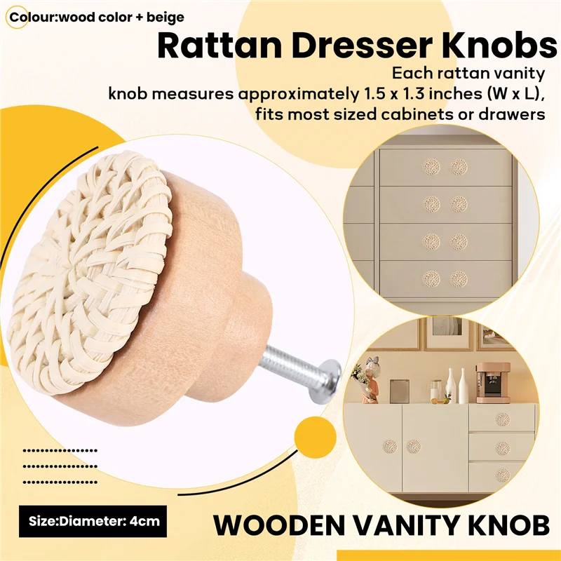 

ABLA-Boho Rattan Dresser Knobs Round Wooden Drawer Knobs Handmade Wicker Woven And Screws For Boho Furniture Knobs Beige