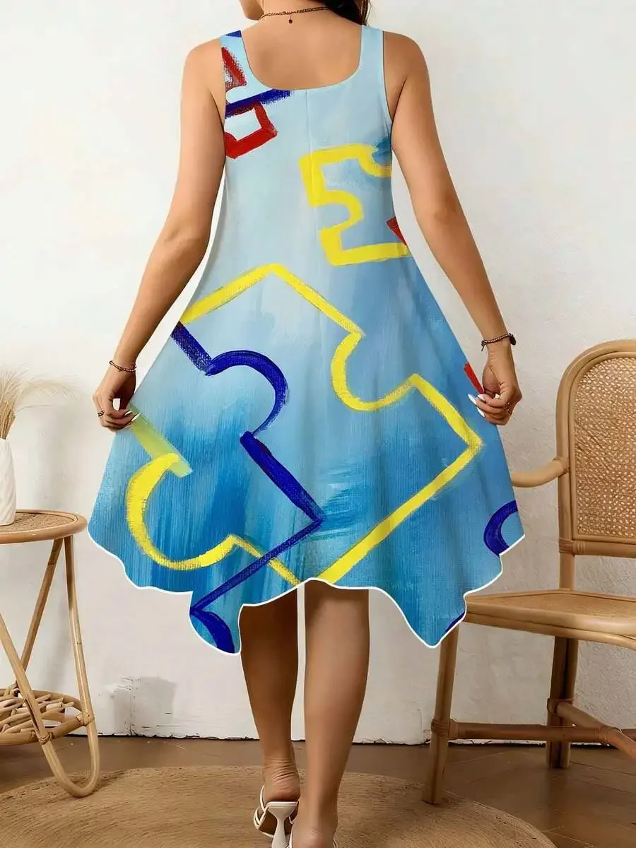 

Women V Neck Sleeveless Irregular Hem Dress With Colorful Puzzle Print Casual Summer Beach Wear