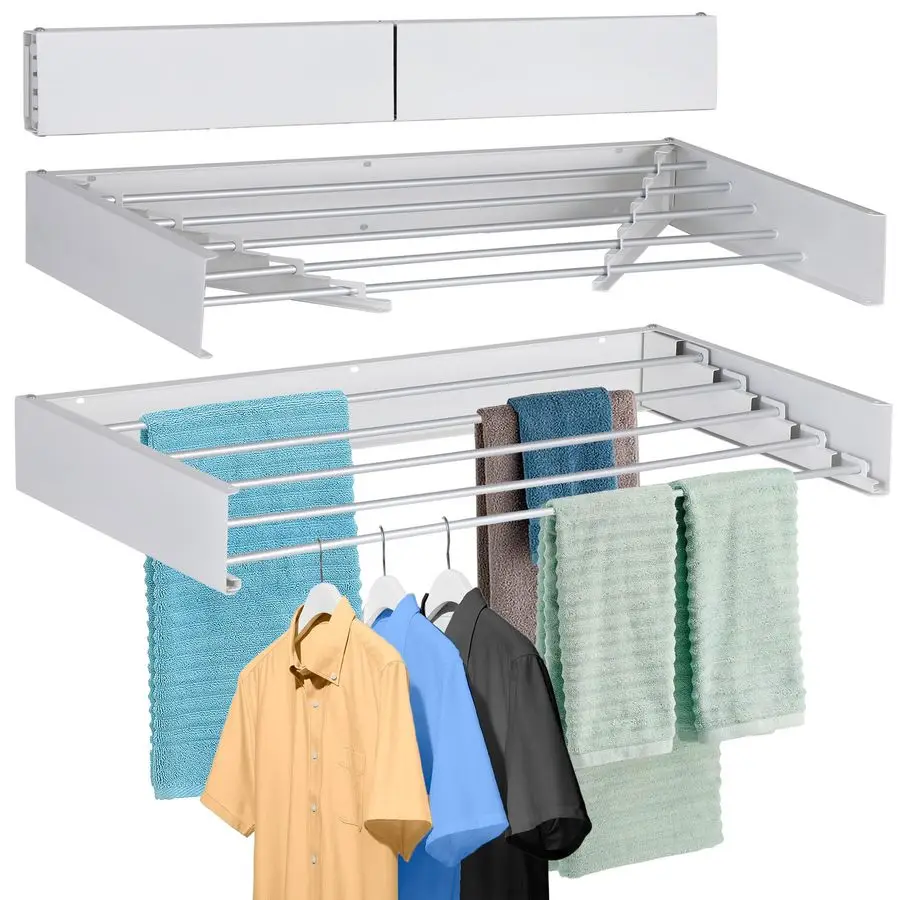 

Laundry Drying Rack Wall Mounted Clothes Drying Rack Collapsible with 5 Aluminum Rods and Drilling Template Long Screwdriver Bi