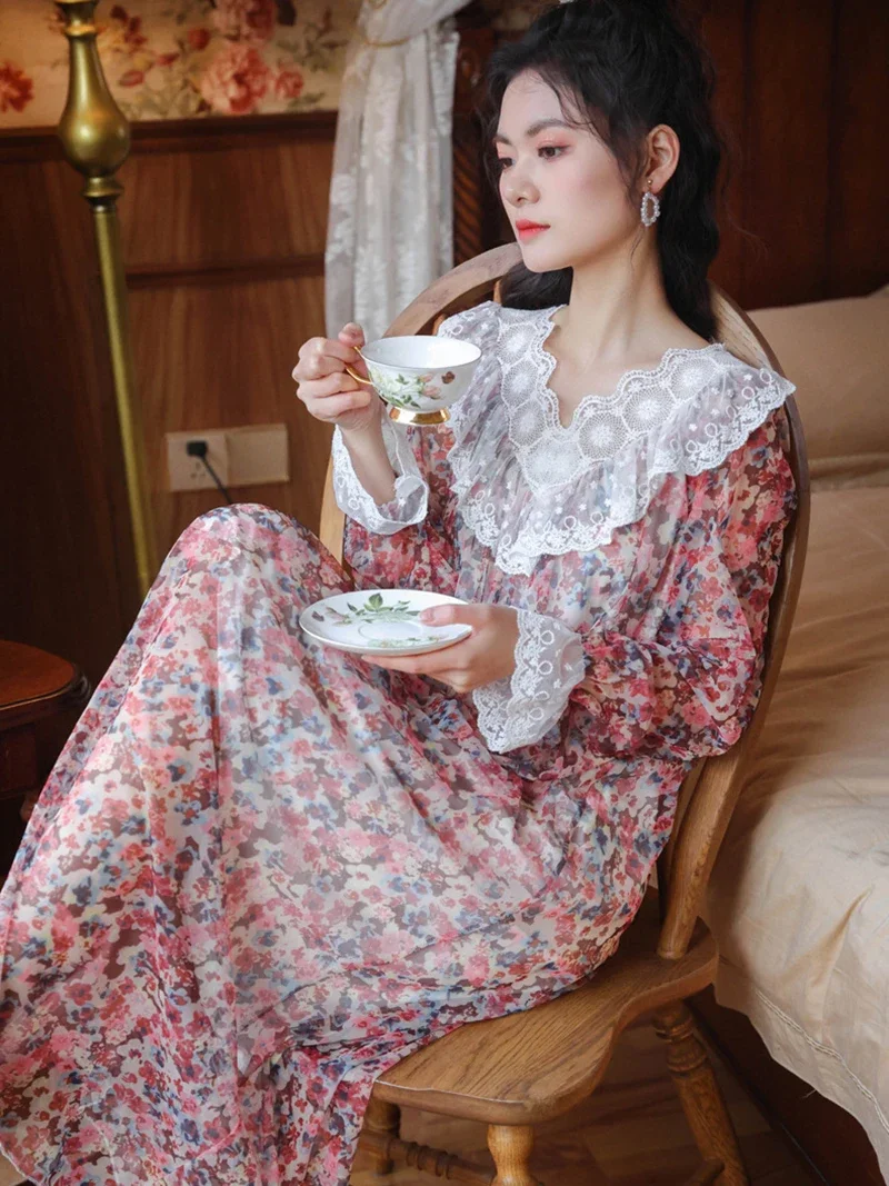 Women Spring Summer Lace Mesh Print Ruffles Sleepwear Princess Night Dress Robe Nightgowns Victorian Sexy Vintage Nightwear