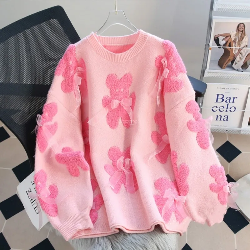 Women Sweet  Pink  Flocking  Bear  Bow  Knit  Sweater Loose O‑Neck Long Sleeve Pullover Kawaii Korean Fall Winter Tops