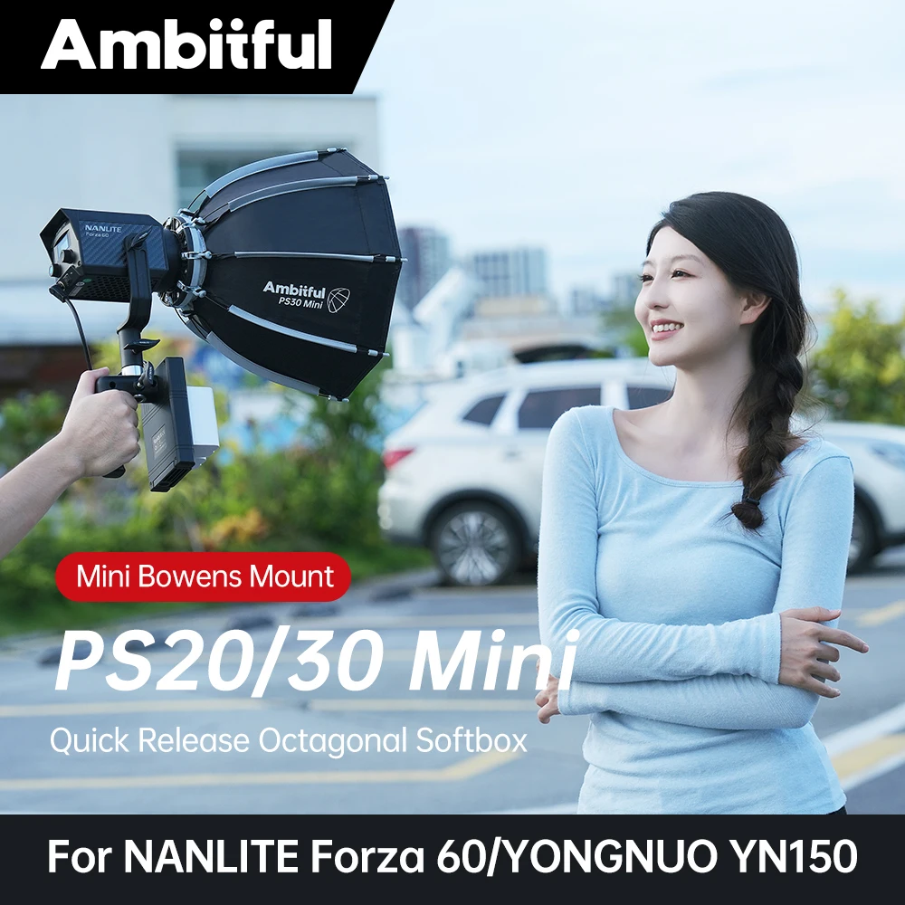 AMBITFUL PS22/30II Softbox Octogonal de Apertura Rápida con Montura Mini Bowens, Luz de Relleno LED para NANLITE Forza 60 YONGNUO YN150