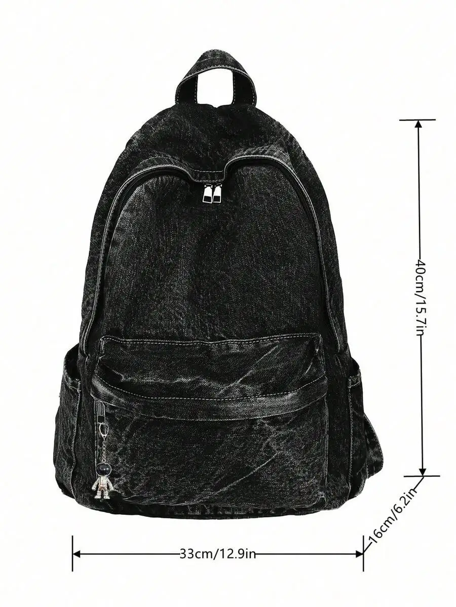 1pc Vintage Backpack, Adjustable Strap, Zipper Closure, Astronaut Charm, Casual Spacious Lightweight Washed Canvas Backpack, Pea