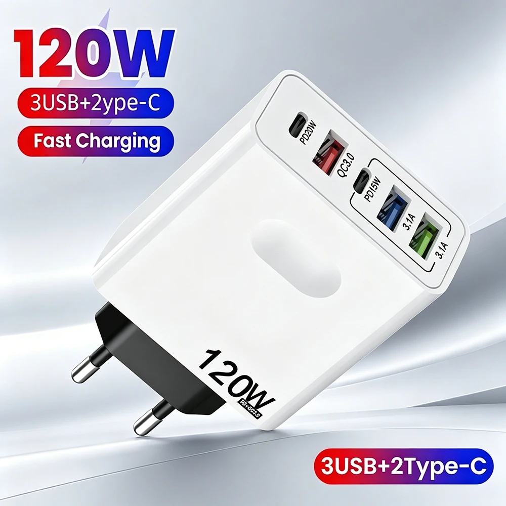 120W 5 in 1 USB C Charger Fast Charging Phone Charger Power Adapter For iPhone Samsung Xiaomi EU/US/UK Plug Quick Charge Charger
