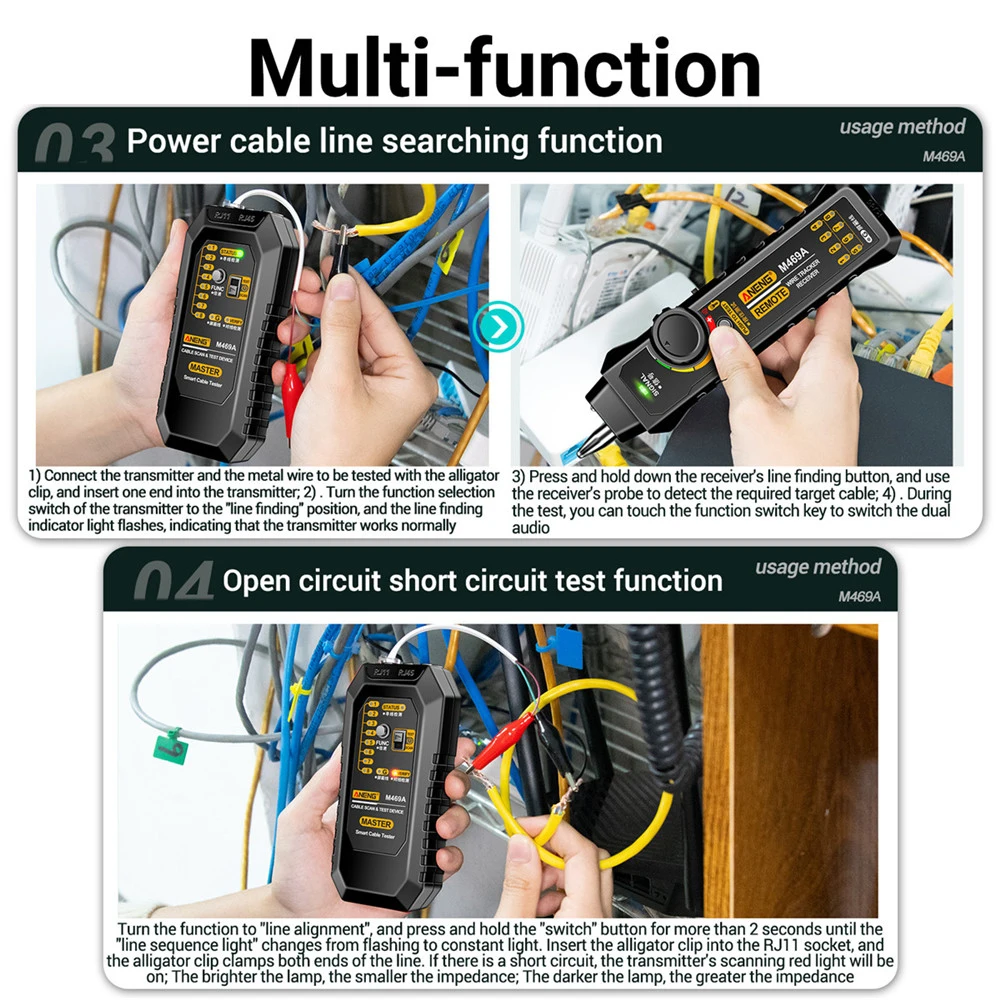 M469A Smart Network Cable Tester RJ45 RJ11 LAN Cable Tester Receiver Networking Tool Anti-interference Network Repair Wire Track