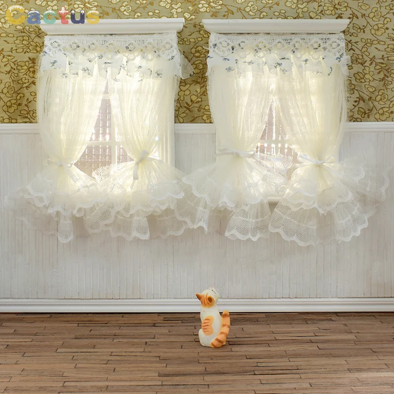 1 Set 1/12 Dollhouse Lace Window Curtain Dollhouse Mini Bedroom Furniture Accessories Dolls House Decoration For Kid Toys