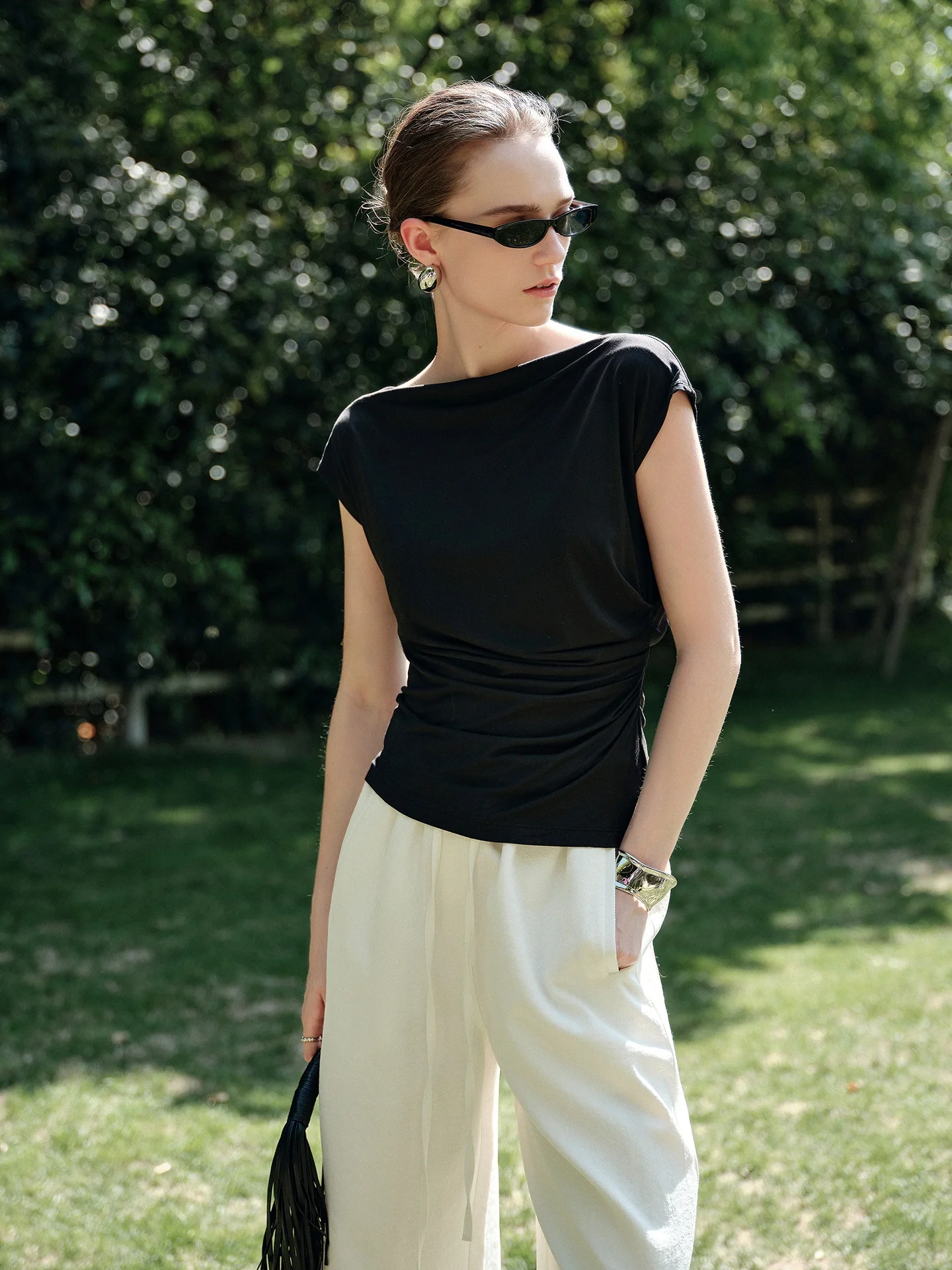 

Женский топ Missprins Modal Thin ort Sve T-irt с утягивающим эффектом на талии, плиссированный, уникальный дизайн, летний, для повседневной носки, стандартной длины