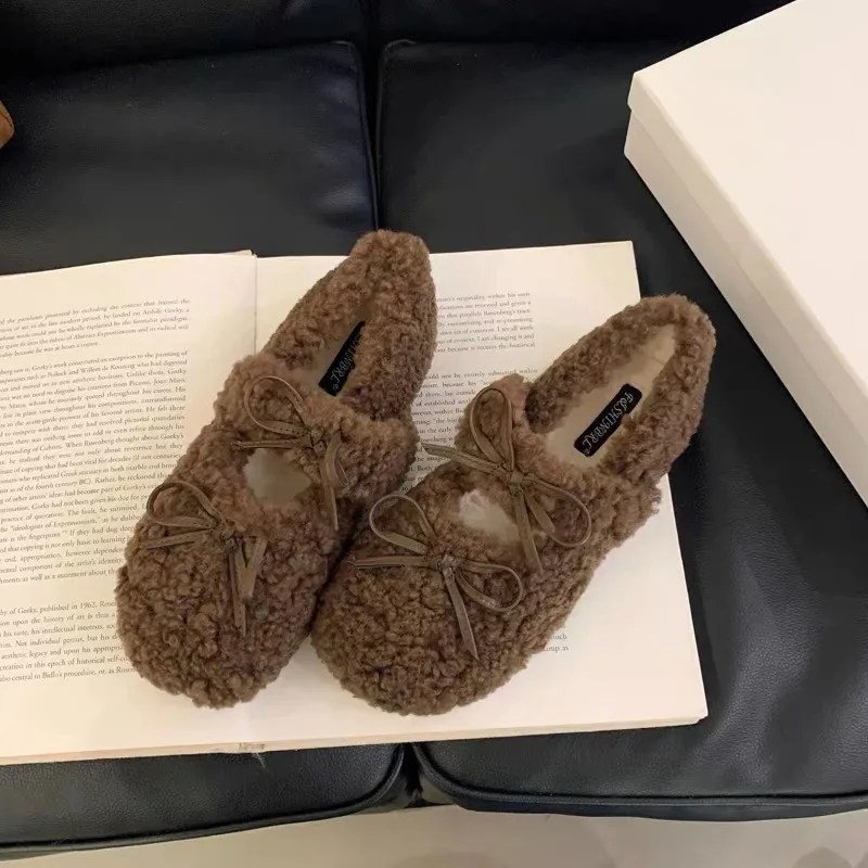 New Style Fashion Women's Shearling Ballet Flats with Strap Warm Rabbit Fur Plush Lined Crystal Buckle Mary Jane Flat Shoes view 6