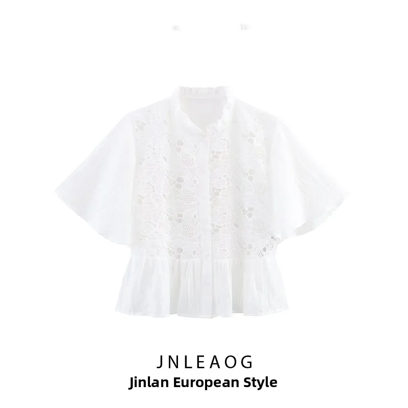 패셔너블한 스위트 스타일 여성 셔츠 Jnleaog 가을 신상 레이스 칼라 프론트 패치워크 트림 유럽 스타일 루즈핏 폴리에스터