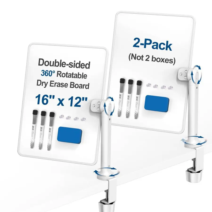 

Desk Whiteboard with Dual 360 Swivel 16 x 12 ClampOn Desktop Whiteboard for Tables Under 2.3 Thick for Office, Home, School2pc