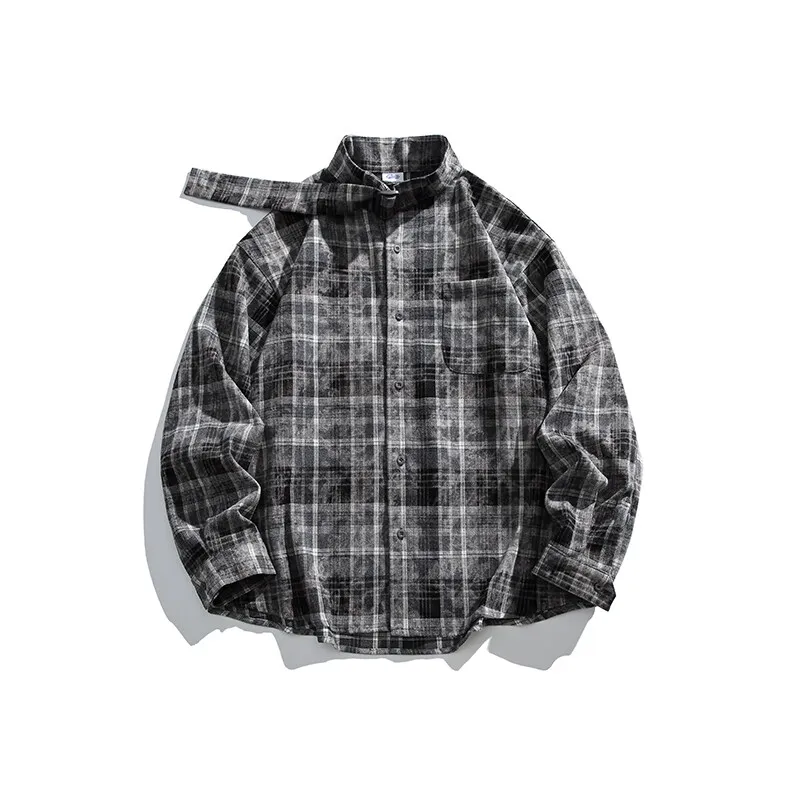 Men's new plaid striped stand-up collar shirt