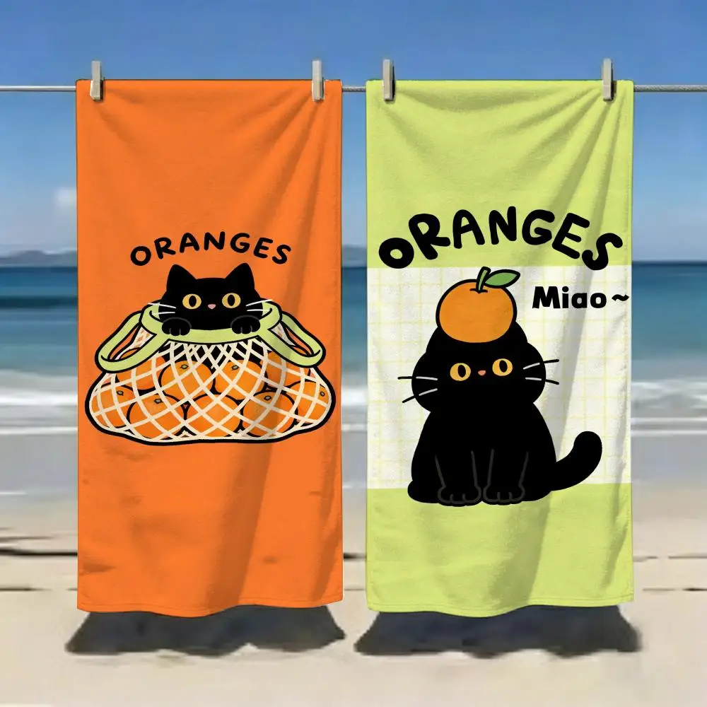 Kawaii Cute Black Cat Orange Towel Microfiber soft Beach Towel for Travel Fitness Sauna Bathing Camping