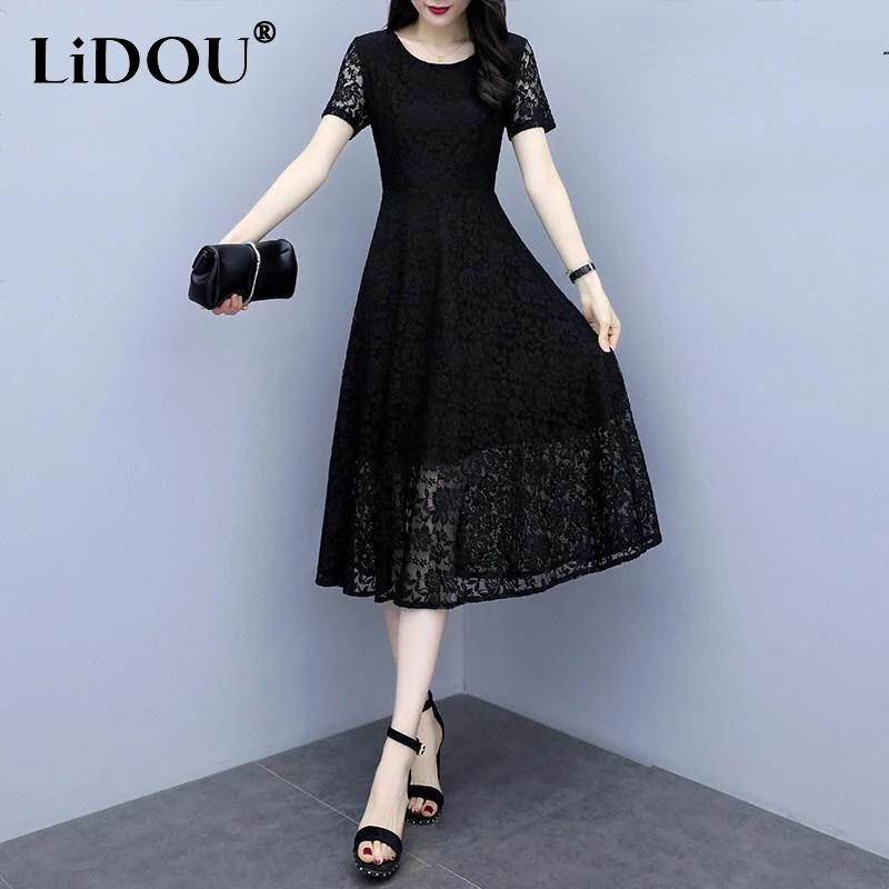 

Summer New Elegant Fashion Black Lace Dress Women Oversized Short Sleeve Slim High Waist Temperament Robe Vestido Female Clothes