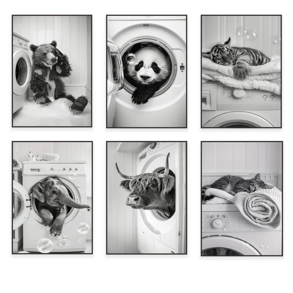 Giraffe, horse, kitten, moose, rabbit, penguin, dachshund in washing machine, funny laundry room decor poster, utility room prin