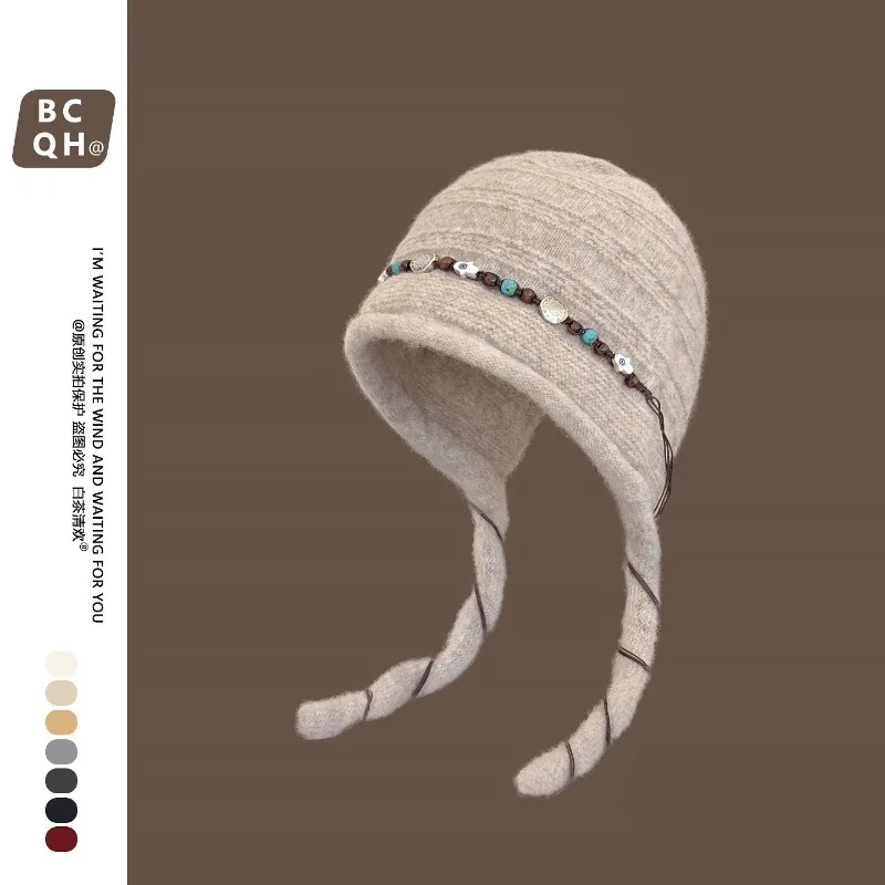 Japanische Nischen-Perlenmütze im Ethno-Stil, gestrickte Pullover-Mütze für Winterwärme und künstlerischen Ohrenschutz, Bombermützen für Damen – Detail 2