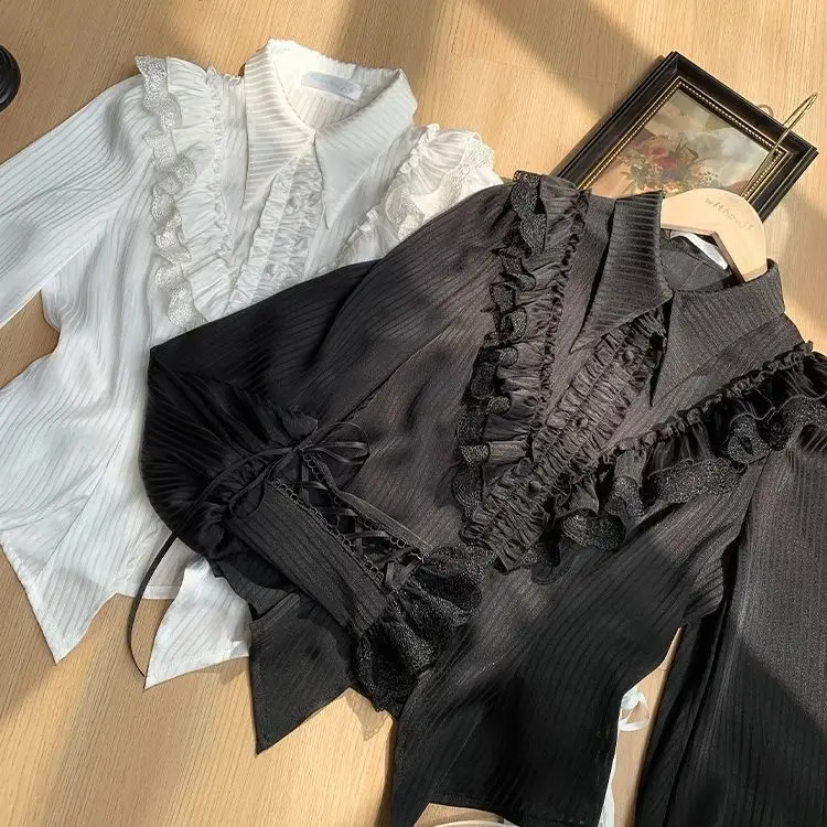 Elegante Lolita Shirt Vrouwen Herfst Mode Lange Mouw Tees Elegante Bubble Mouwen Zoete Kantoor Dame Tops Casual Kleding Vrouwelijke