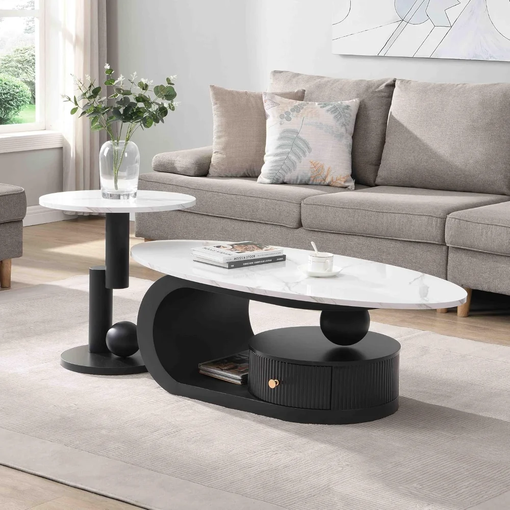 Modern 2-Piece Nesting Coffee Table Set - White Faux Marble Oval + Black Round Tables with Storage Drawer