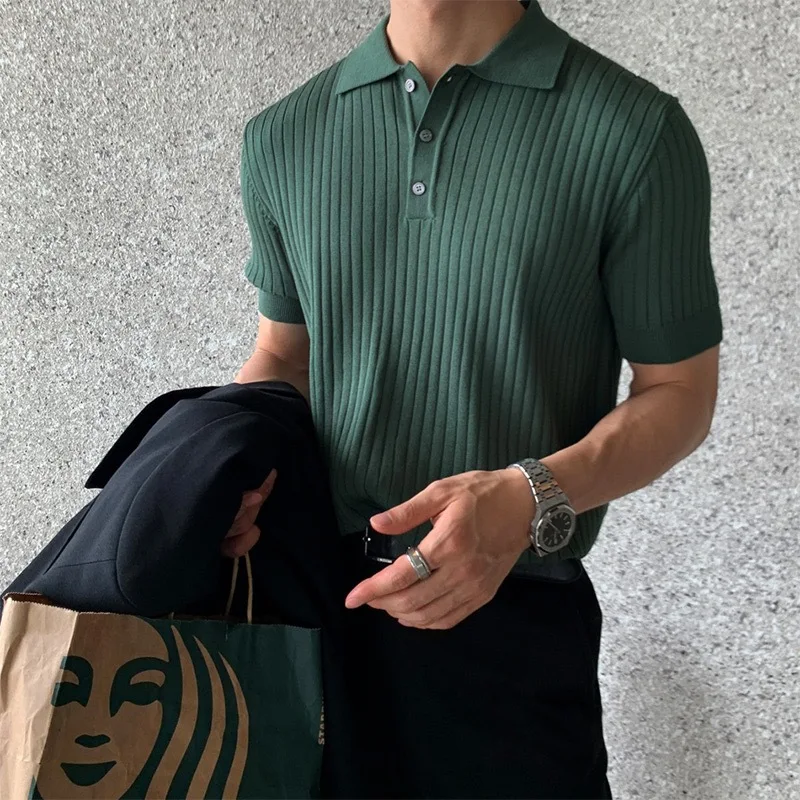 

Hong Kong Style Lapel Polo Shirt, Short-Sleeved Men's Korean Style Loose Casual Summer Thin Pure Color Vertical Strip Knitted Sh