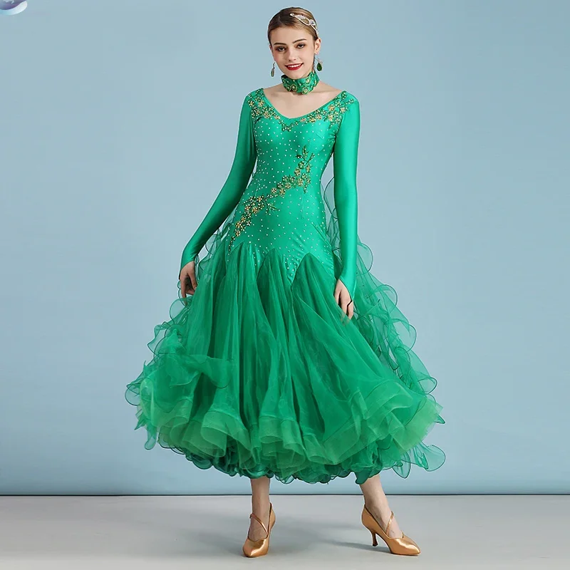 

Танцевальное платье для женщин, 10 цветов, для бальных танцев, соревнований, стандартное, с длинным рукавом